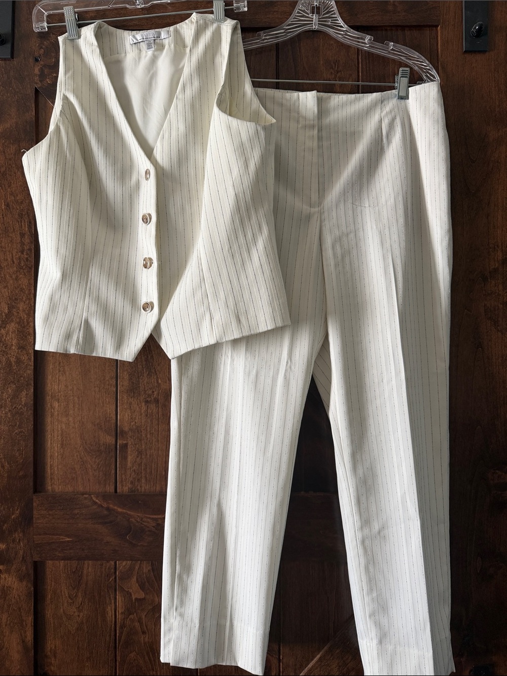WHBM  Ivory with Gray Pinstripe Vest & Pants Set - Classic Tailored Two-Piece 10